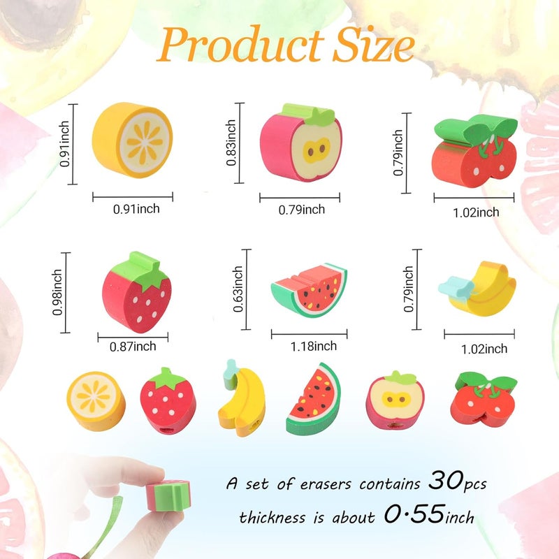 Wolpark 30 PCS Fruit Pencil Top Erasers for Kids Bulk Cute Fruit Apple Banana Strawberry Eraser Caps Pencil Eraser Tops for Kids Erasers Toppers for School Party Favors Back to School Supplies - Image 2